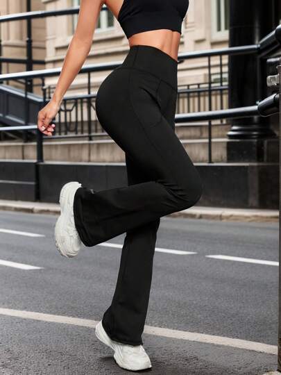 1 st. utsvängda byxor för kvinnor, sport och utomhusbruk, joggingbyxor med ficka, tajta yogabyxor för kvinnor, lämpliga för gym, gata, utmärkt livsstil, fleece, vinter