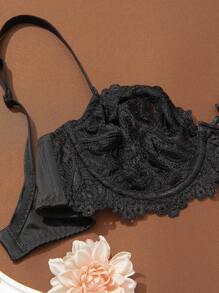 Wingslove حمالة صدر بتشكيل من الدانتيل الأزهار للنساء ذوات الحجم الكبير، بتصميم بسيط وعصري للارتداء اليومي، رفع وتدعيم - الأسود - مشاهدة 3