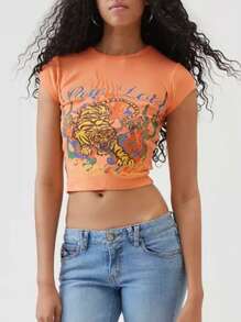 Women's Y2K Slim Crop Tops Letter Tiger Print Short Sleeve Round Neck Show Navel Baby Tees Summer Going Out T Shirt Tops Streetwear