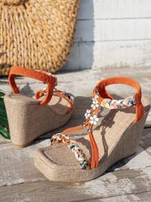 Sandalias de cuña con decoración floral, de suela tejida de cuerda y punta cuadrada, para talla grande - Modelo 2025