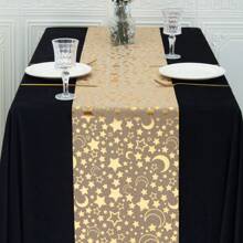 1pc Gold Linen 28*275cm Table Runner, Decorated With Lanterns, Crescent Moon, Gold Stars, Mosque, Greetings, Suitable For Home, Dinner Party, Festival Celebration - Solid Color - View 1