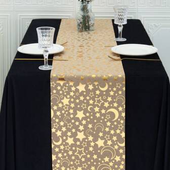1 件金色亚麻 28*275 厘米桌旗，装饰有灯笼、新月、金星、寺、问候，适合家庭、晚宴、节日庆祝