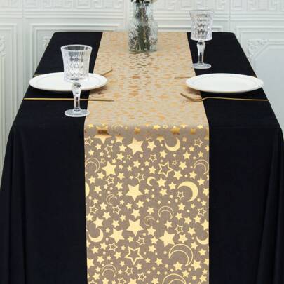 1 件金色亚麻 28*275 厘米桌旗，装饰有灯笼、新月、金星、寺、问候，适合家庭、晚宴、节日庆祝