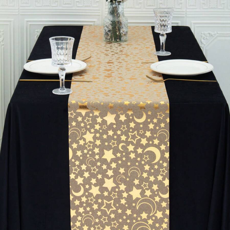1pc Gold Linen 28*275cm Table Runner, Decorated With Lanterns, Crescent Moon, Gold Stars, Mosque, Greetings, Suitable For Home, Dinner Party, Festival Celebration - Solid Color - View 1