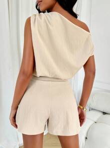 Women's Old Money Elegant Two-Piece Off-Shoulder Top And Shorts Set - Apricot - View 4