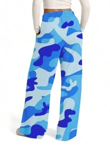 Women's Spring Summer Baggy Pants Drawstring Camouflage Loose Fit Wide Leg Trousers - 藍色 - 查看 7
