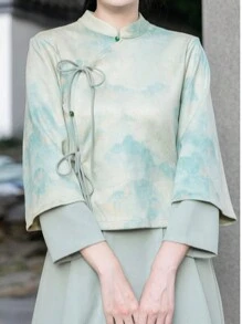 Parte superior de cheongsam estilo tradicional chino en tejido de terciopelo con diseño de ciervos - Verde Oliva - Ver 1