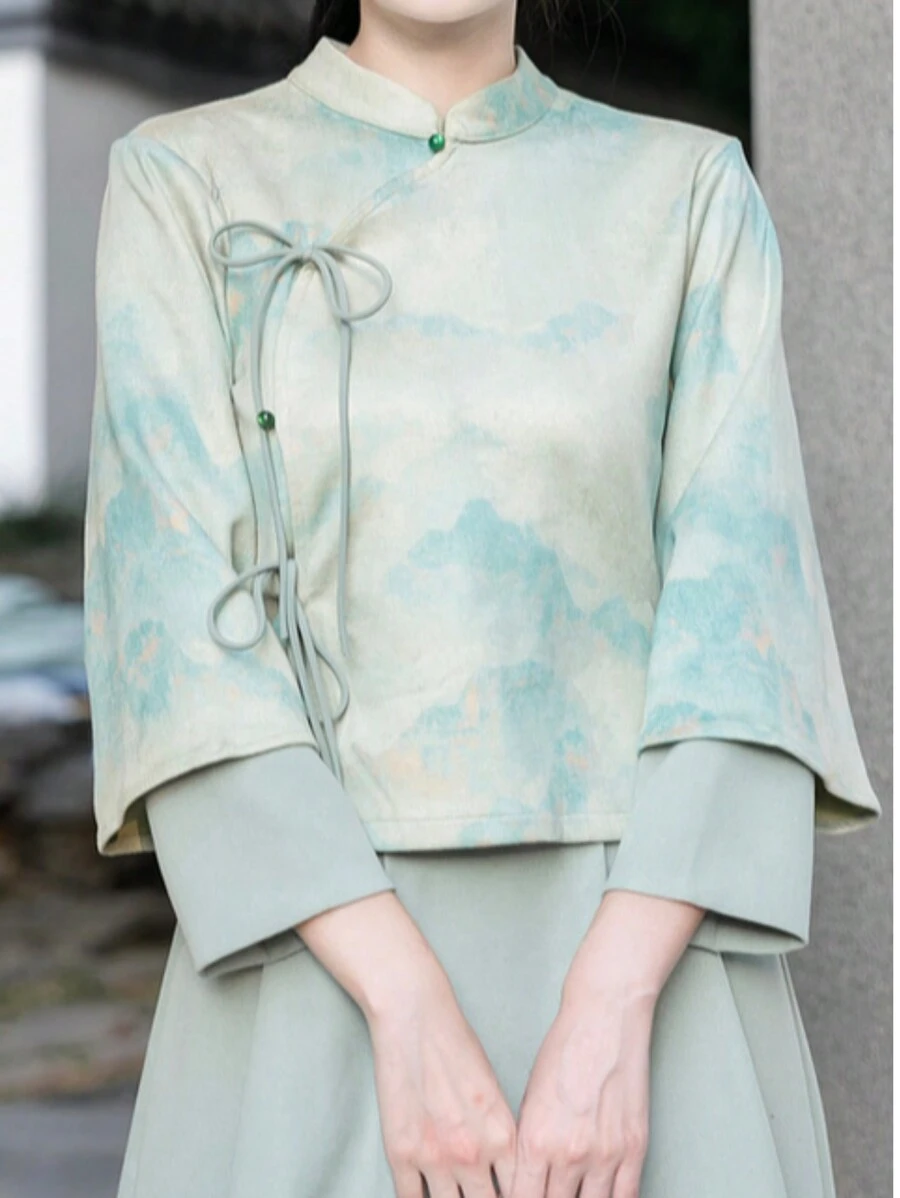 Parte superior de cheongsam estilo tradicional chino en tejido de terciopelo con diseño de ciervos - Verde Oliva - Ver 1