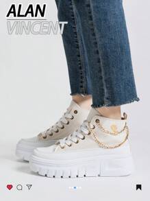 Alan Vincent[帆布鞋系列]厚底帆布鞋 2025 新款女式高帮帆布鞋配金链厚底鞋增高运动鞋女士运动鞋米色女鞋时尚休闲帆布女鞋