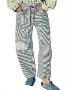 Women Striped Patchwork Pants Drawstring Barrel Pant Wide Leg Baggy Pants Streetwear Casual Y2k Loose Trousers With Pockets - 墨綠色 - 查看 1