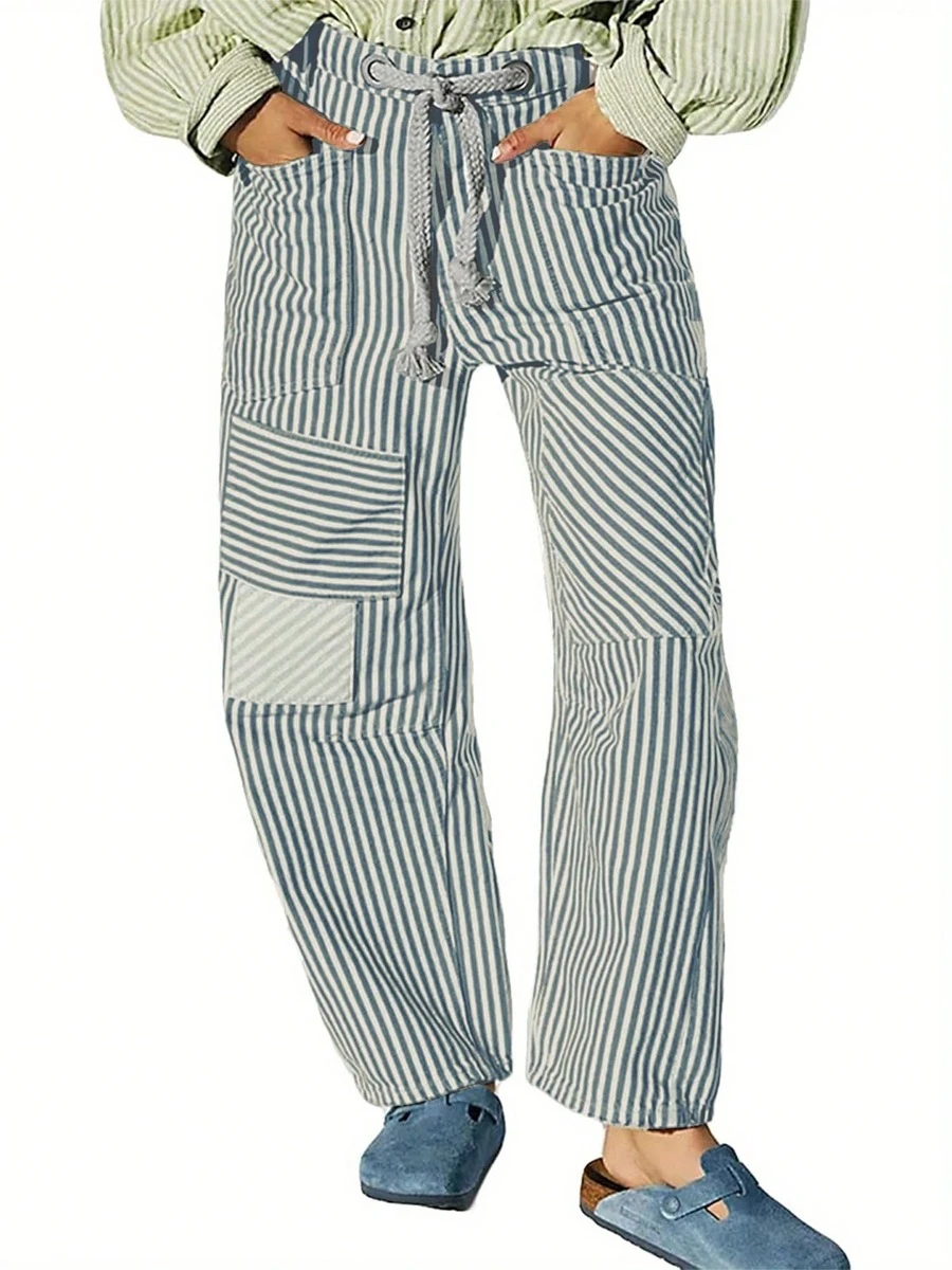 Women Striped Patchwork Pants Drawstring Barrel Pant Wide Leg Baggy Pants Streetwear Casual Y2k Loose Trousers With Pockets - 墨綠色 - 查看 1
