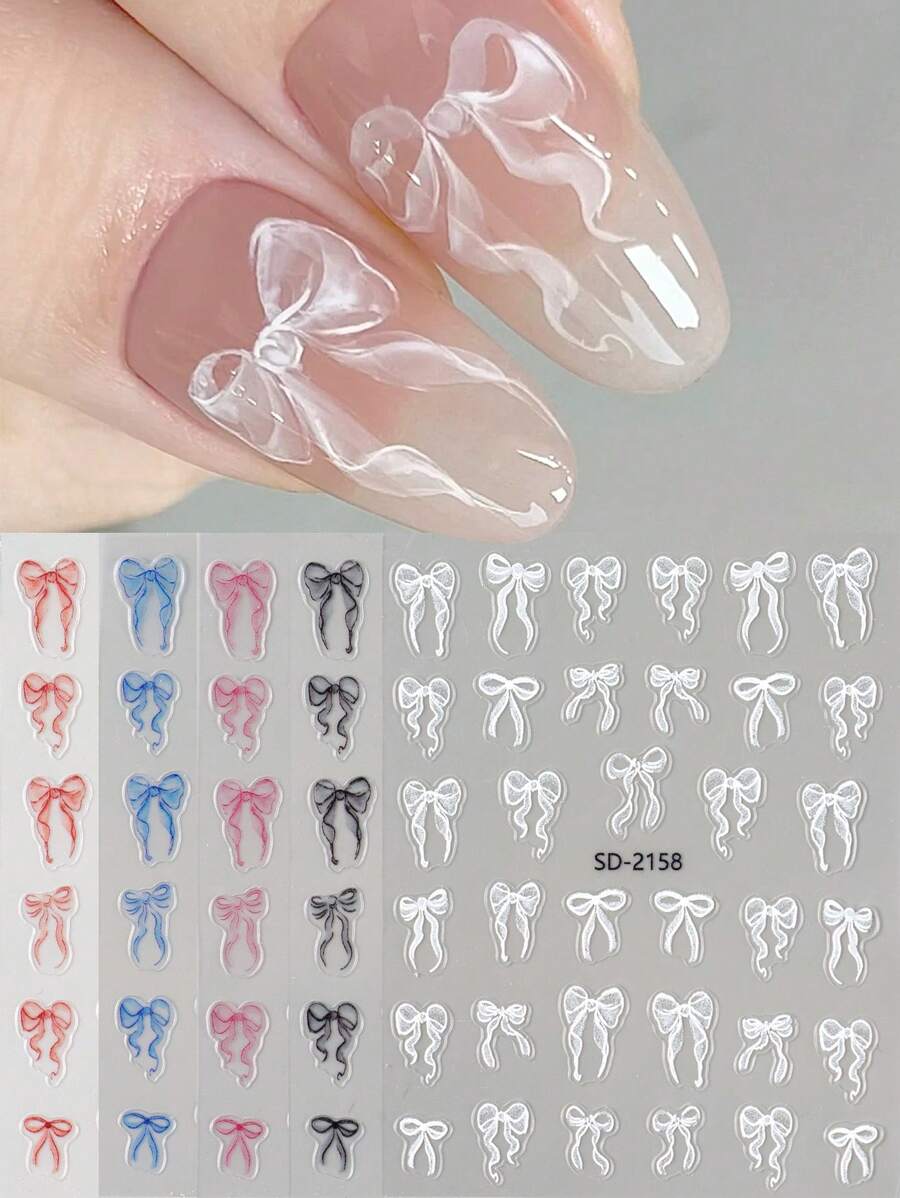 FULL BEAUTY 5 piezas Pegatinas de arte de uñas con lazos blancos y negros adorables, calcomanías de uñas autoadhesivas con diseños de moños para boda, decoraciones de uñas DIY, suministros de manicura - Multicolor - Ver 1