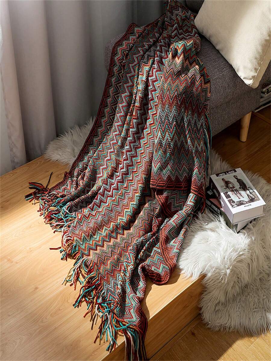 1pc Bohemian Style Towel Blanket, Sofa Throw, Office Nap Blanket, Luxury - Burgundy - View 1