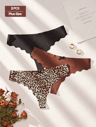 3 pares de bragas tipo tanga sin costuras con estampado de leopardo y lazo