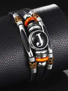 1pc 26 Piece Leather Alphabet Bracelet, Men/Couples Fashion Handmade Beaded Multilayer Punk Wristband, Birthday Wedding Gift, Daily Wear - Black - View 5