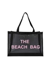 尼龙材质字母印花沙滩网眼手提包，大容量沙滩包，自己用或送礼，适合朋友、妈妈、老师，大容量手提包 - 黑色 - 查看 15