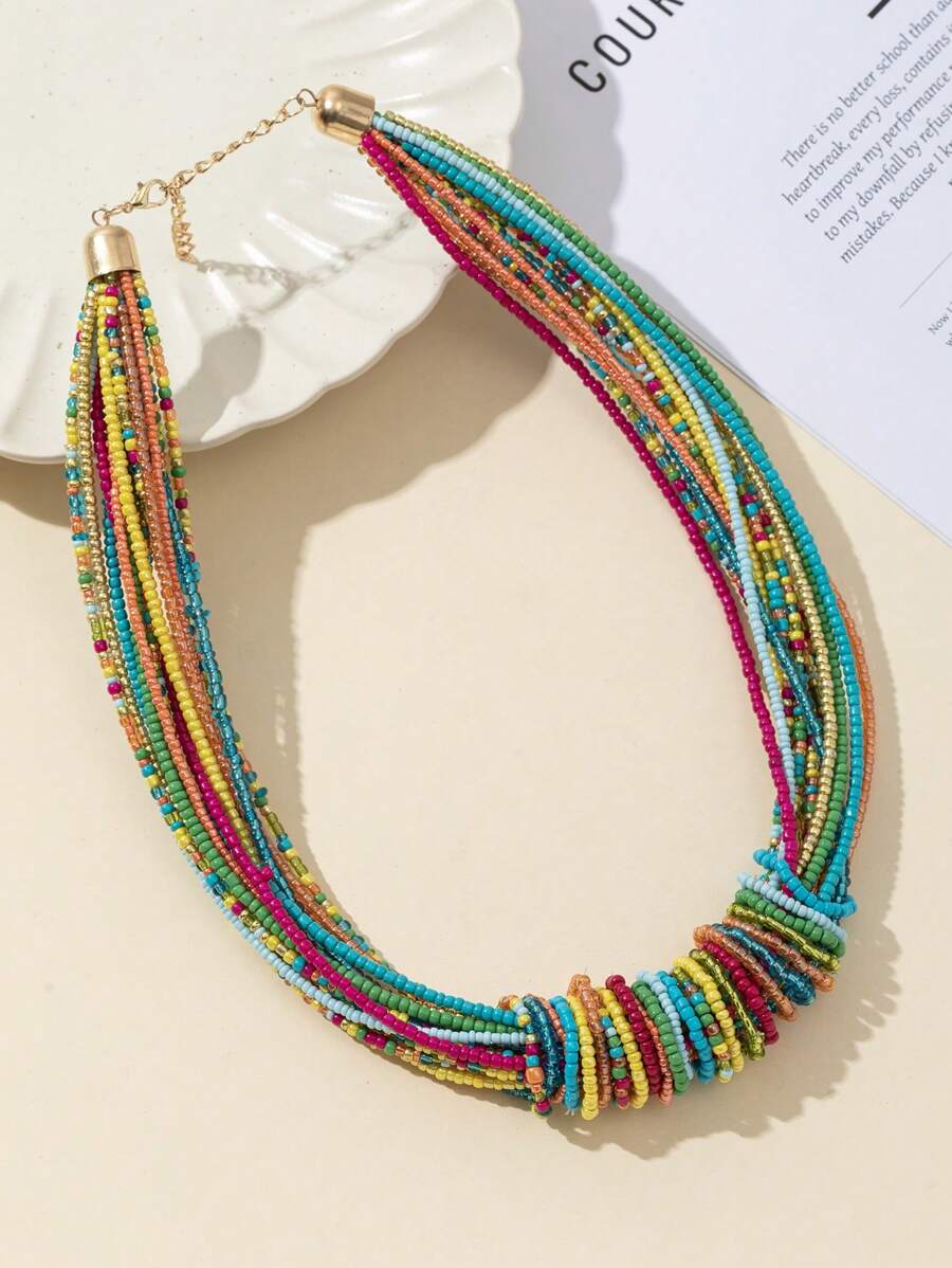 1pc Multicolor Layered Rice Pearl Beaded Bohemian Fashion Necklace - Colorful - View 1