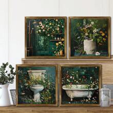 4pcs Wooden Framed Botanical Bathroom Wall Art | Floral Bathroom Wall Decor, Wild Flower Bathroom Print, Farmhouse Canvas Decor, Deep Green Print, Melancholy Plants, Floral, Vintage Painting, Bathroom Decor Gift, Birthday, Graduation - Multicolor - View 4