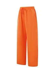 Women's Casual Joggers Sweatpants Solid Color Drawstring High Waist Wide Leg Trousers - Orange - View 8