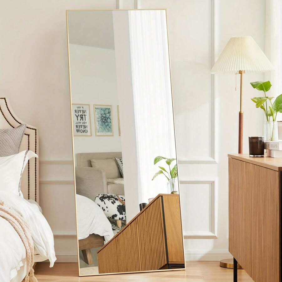 59"X16" Full Length Golden Mirror With Stand, Floor Mirror With Aluminum Alloy Frame For Bedroom, Standing Full Body Mirror With Shatter-Proof Glass For Wall, Living Room - Golden Color - View 1