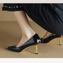 2025 Spring New Arrival - Women's Black Metal - Toe Square - Toe Patent Leather High - Heels & White French - Style Elegant Thin - Heel Single - Shoes