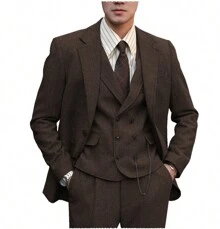 Mens Herringbone Tweed Suit 3 Piece Suit Two Buttons Wool Suits 1920's Themed Wedding Suit - 咖啡 - 查看 1