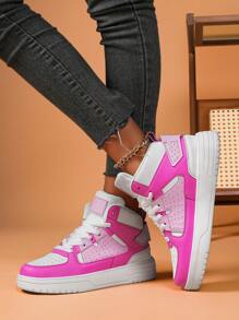 女士休闲百搭运动鞋，时尚玫瑰红系带高帮透气舒适耐用运动鞋