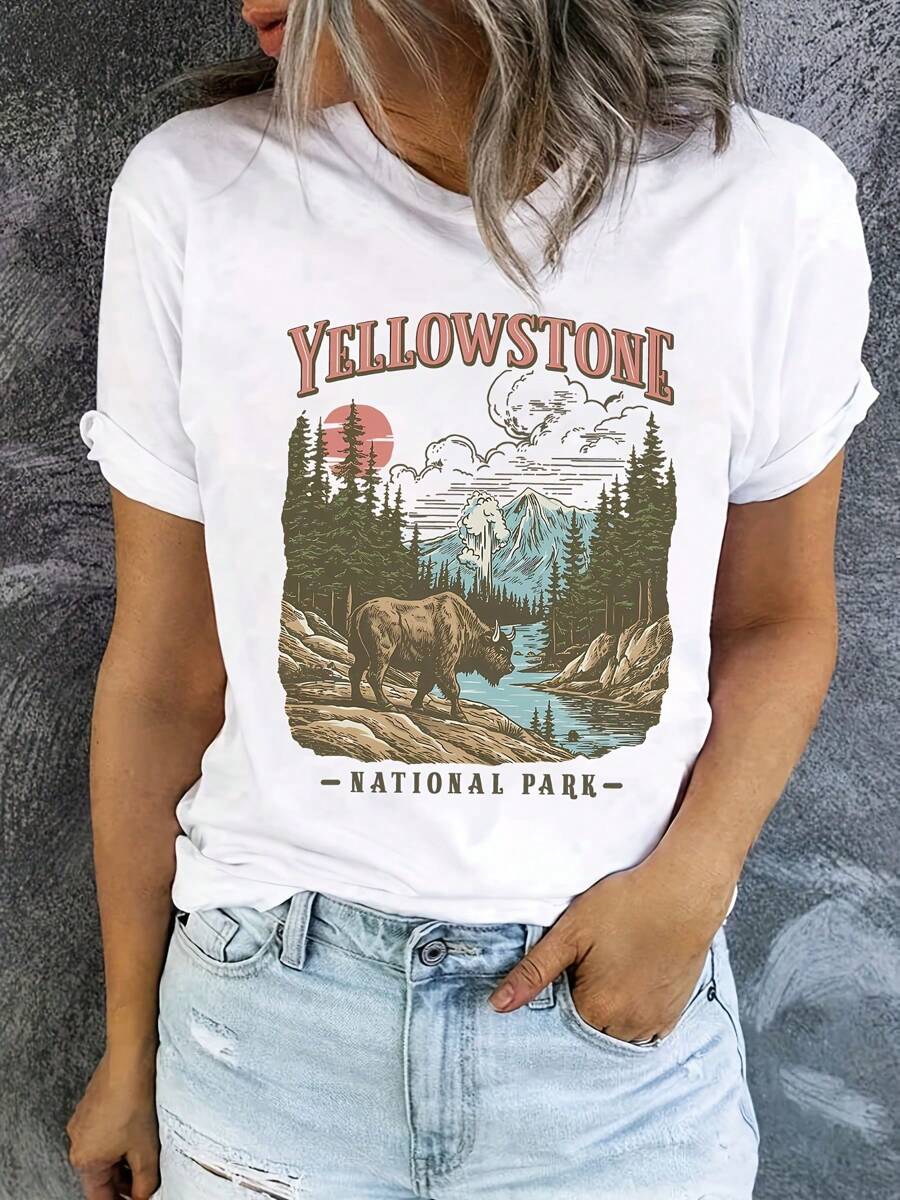 Explorer's Choice, Vintage Yellowstone National Park Scenic Print, 220g Pure Cotton, Casual Crew Neck, Ideal For Nature Walks, Day Trips, Or Relaxing. - 白色 - 查看 1