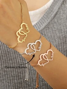 Customized Name Bracelet Personalized Double Name Heart Bracelet For Women Men Stainless Steel Customized 2 Names Bracelet Couple Jewelry Wrist Accessories Gift Valentine's Day Gift Memorial Day Gift Mother's Day Gift