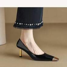 2025 Spring New Arrival - Women's Black Metal - Toe Square - Toe Patent Leather High - Heels & White French - Style Elegant Thin - Heel Single - Shoes