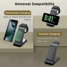 FDGAO 无线充电器 3 合 1，15W 快速充电站适用于 Apple Watch 10/9/8/Ultra 2/Ultra/SE/7/6/5/4/3/2、适用于 AirPods 4/3/2/Pro、适用于 iPhone 16/15/14/13 /Plus/Pro/Pro Max/12/11/X/XR/XS/8 兼容笔记本电脑、Pixel、Galaxy 和其他支持无线充电的各种电子产品 - 黑色 - 查看 3