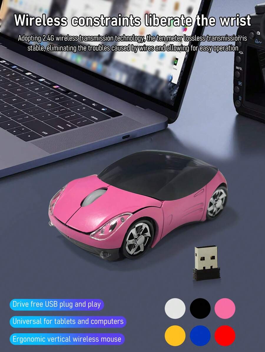 Ratón inalámbrico con diseño de auto a batería, compatible con tableta, portátil, oficina y juegos, receptor USB 2.4G silencioso