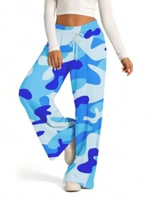 Women's Spring Summer Baggy Pants Drawstring Camouflage Loose Fit Wide Leg Trousers - 藍色 - 查看 5