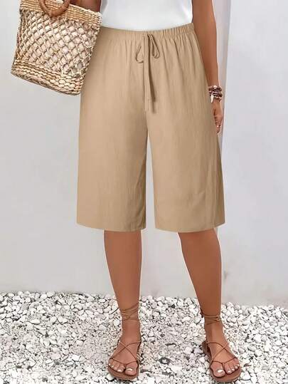 女士纯色腰带休闲宽松短裤