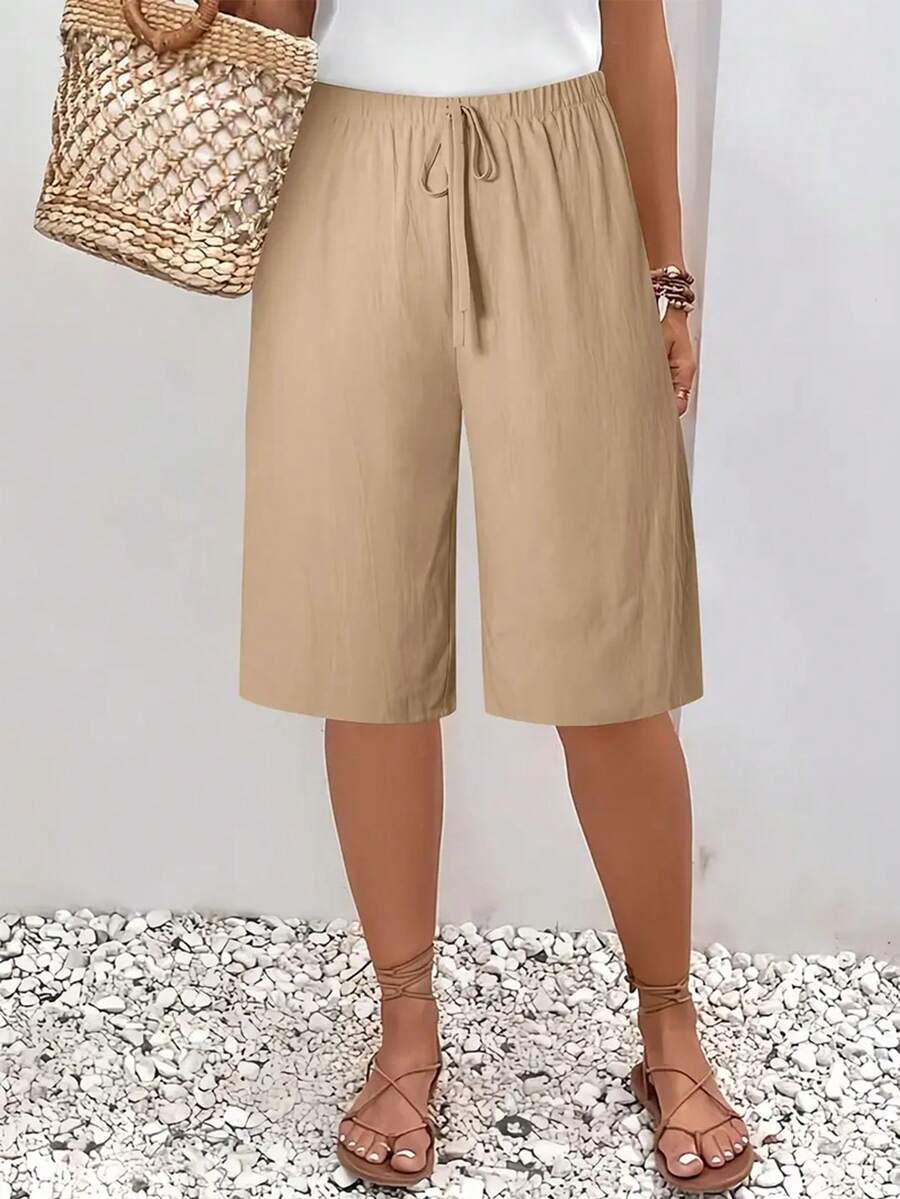 Women's Solid Color Waist Tie Casual Loose Shorts