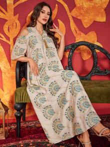 Women's Solid Color Stand Collar Elegant Embroidered Random Embroidery Special Feature Luxurious Arabic Style Dress - Apricot - View 6