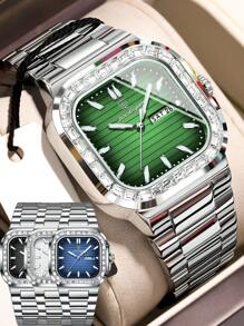 POEDAGAR 1块不锈钢方形表盘日期石英表，休闲防水夜光男士手表，时尚腕表，适合日常佩戴，男士礼物 - 均碼 - 查看 10