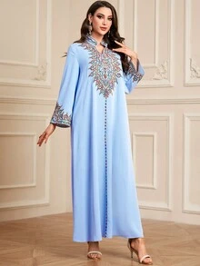 Women's Spring/Summer Fashion Embroidered Tie Neck V-Neck Casual Comfortable Long Sleeve Arabic Style Dress, Modest Kaftan - Baby Blue - View 6
