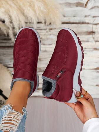 New Winter Flat Thermal Lined Ankle Boots, Round Toe Solid Color Luxury Faux Fur Boots With Sparkling Rhinestone Side Zipper Decor, Platform Height Increase, Fashion Versatile Snow Boots