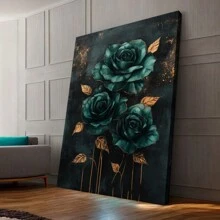 Emerald Green Rose Wall Art, Modern Botanical Canvas Print, Bedroom, Living Room, Bathroom Home Decor,Festive Touch For Valentine's And New Year