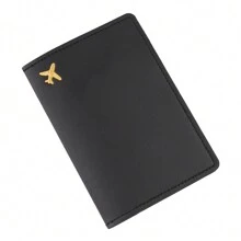刺繡飛機時尚輕量 PU 皮革極簡純色防盜護照夾，適合飛行旅行、返校、度假，學生、女性、男性使用 - 黑色 - 查看 6