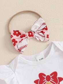 Baby Girls Summer Outfits Short Sleeve Letter Romper With Baseball Print Skorts And Headband And Socks Set - White - View 3