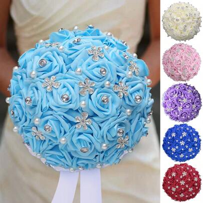 1 st elegant blå ros färsk silver strass liten blomma pärla satinband brudbukett, brudtärnor bröllop äktenskap alla hjärtans dag konstgjord PE-skum rosbukett odödlig blomma FZ022Z