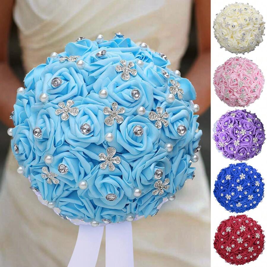 1 件优雅蓝玫瑰新鲜银色水钻小花珍珠缎带新娘花束，伴娘婚礼结婚情人节人造 PE 泡沫玫瑰花束永生花 FZ022Z