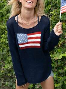 Women's Spring Autumn Knit Sweater Long Sleeve Crewneck Flag Print Loose Fitting Knitwear - Navy Blue - View 3