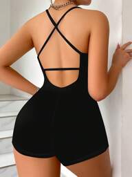 1 pieza Mono casual negro con espalda abierta, mono minimalista de moda para uso diario