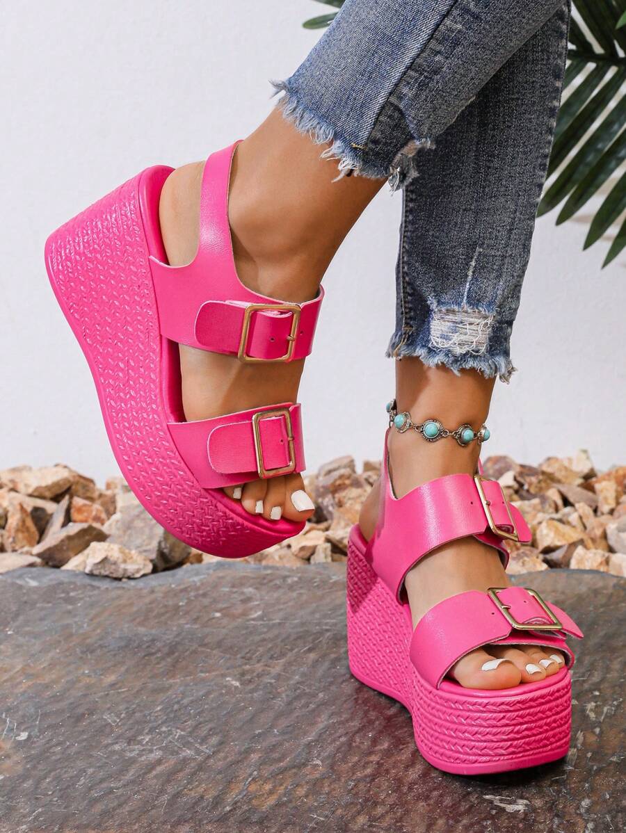 Sandal Platform Berujung Terbuka Warna Fuchsia Modis Serbaguna Hak Tinggi Wanita Anti Selip Ujung Terbuka Musim Panas Sol Tebal, Sepatu Pantai - Hot Pink - View 1