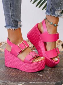 Sandal Platform Berujung Terbuka Warna Fuchsia Modis Serbaguna Hak Tinggi Wanita Anti Selip Ujung Terbuka Musim Panas Sol Tebal, Sepatu Pantai - Hot Pink - View 6