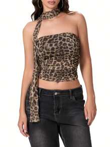 Women Crop Tube Tops Summer Leopard Print Ruched Bandeau Vest Backless Shirts And And Scarf Set For Streetwear - 紅棕色 - 查看 3