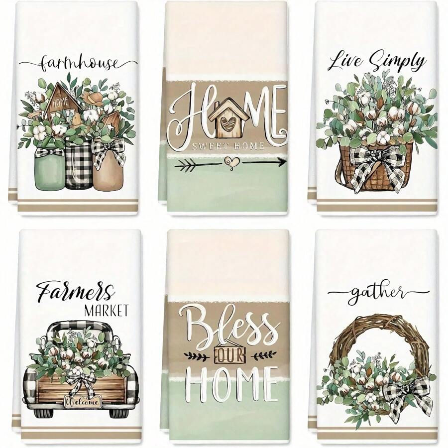6件套,SWEET HOME 条纹棉质餐巾,BLESS HOME 花卉印花厨房毛巾套装,超柔软纤维洗碗布,100% 涤纶,可机洗,春夏装饰手巾,简约乡村风厨房装饰毛巾,厨房用品,清洁用品,浴室配件 - 彩色 - 查看 1